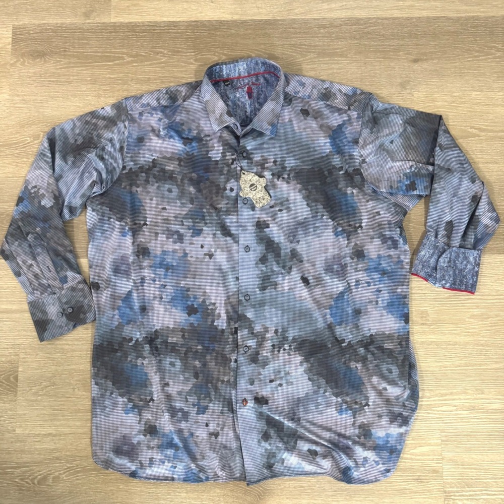 Luchiano Visconti Button Up Shirt Mens 2XLB Blue Camo Print Long Sleeve Cotton